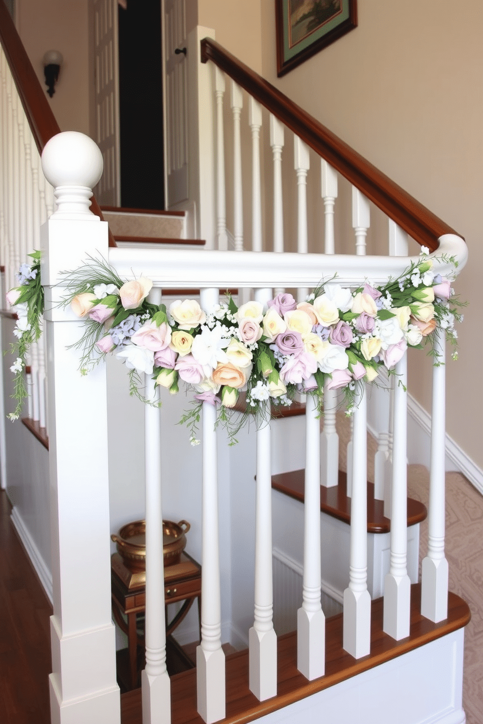 A charming staircase adorned with a floral swag draped elegantly over the railing. The swag features a mix of vibrant spring flowers in pastel hues, creating a cheerful and inviting atmosphere for Easter celebrations.