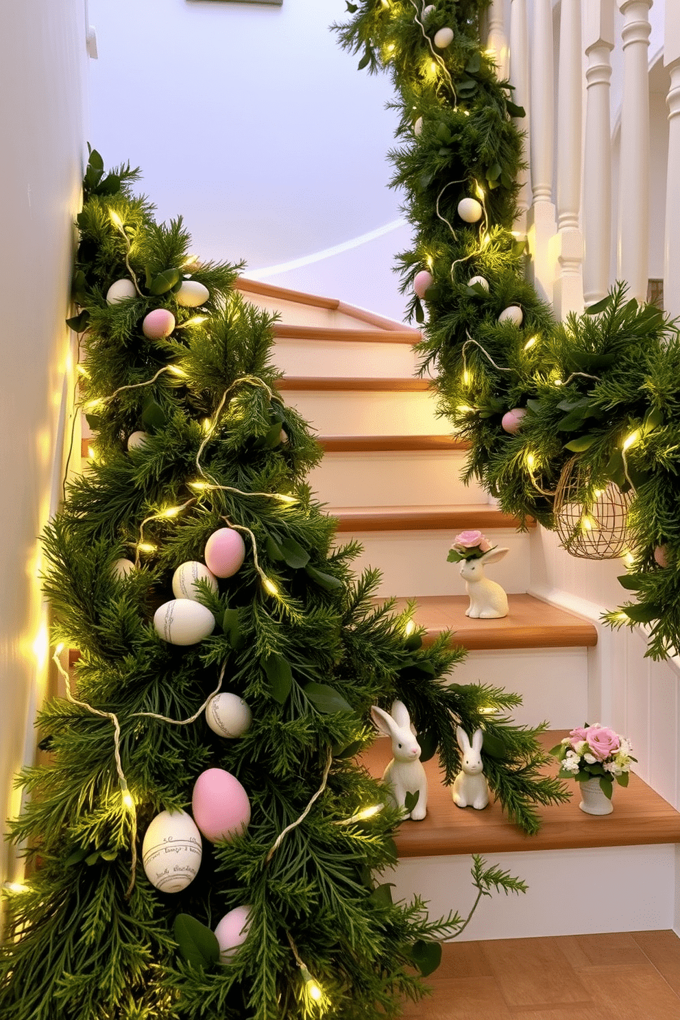 A whimsical staircase adorned with string lights intertwined with lush green garland. The soft glow of the lights highlights the natural textures of the garland, creating a festive and inviting atmosphere. Decorative Easter elements are placed strategically along the staircase, including pastel-colored eggs nestled within the garland. Delicate bunny figurines and small floral arrangements enhance the cheerful, seasonal decor.