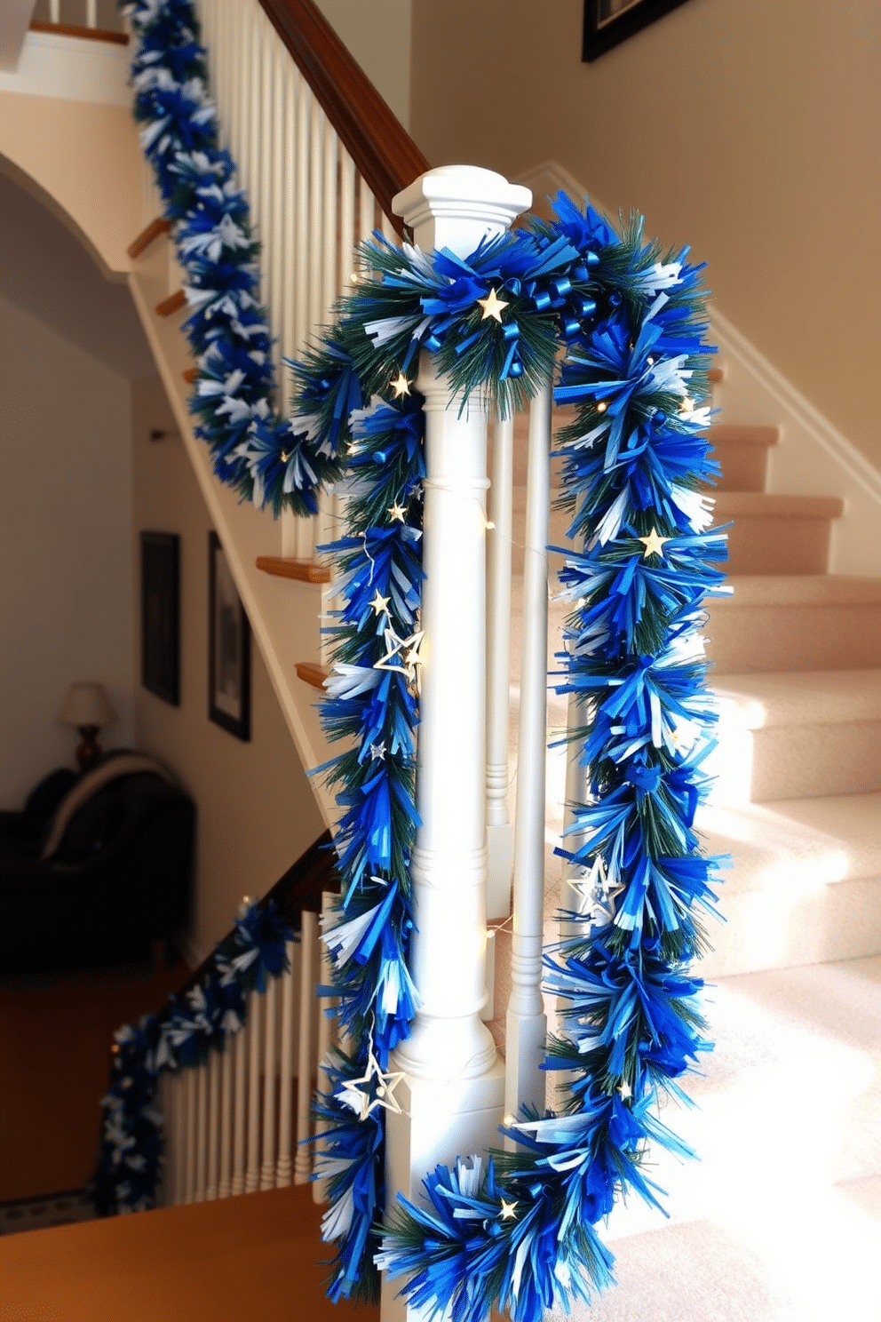 A beautifully decorated staircase adorned with blue and white garlands, creating a festive and elegant atmosphere for Hanukkah. The garlands cascade gracefully along the banister, interspersed with twinkling fairy lights and small decorative stars to enhance the holiday spirit.