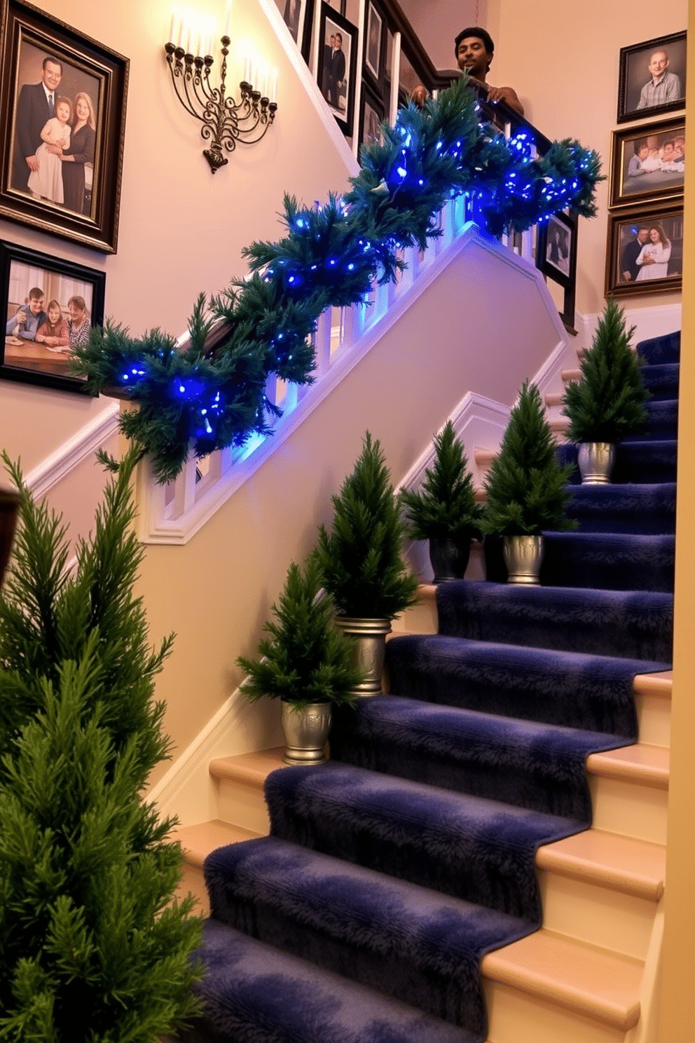 A beautifully decorated staircase adorned for Hanukkah features a series of potted evergreen plants strategically placed along the steps, adding a touch of greenery and warmth to the space. Twinkling blue and white lights are draped elegantly around the banister, complemented by decorative menorah accents and festive garlands that enhance the holiday spirit. The staircase walls are adorned with framed family photos celebrating past Hanukkah gatherings, creating a personal and inviting atmosphere. Soft, plush runners in rich shades of blue and silver line the steps, providing comfort and a festive touch to the overall design.