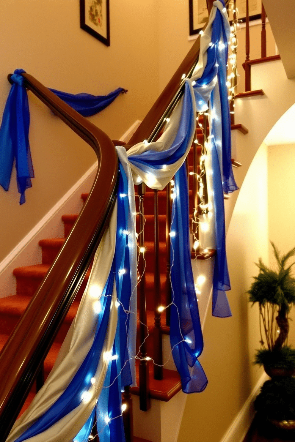 A beautifully decorated staircase for Hanukkah features railings wrapped in elegant blue and silver fabric, creating a festive and inviting atmosphere. Twinkling fairy lights are intertwined with the fabric, casting a warm glow and enhancing the holiday spirit.