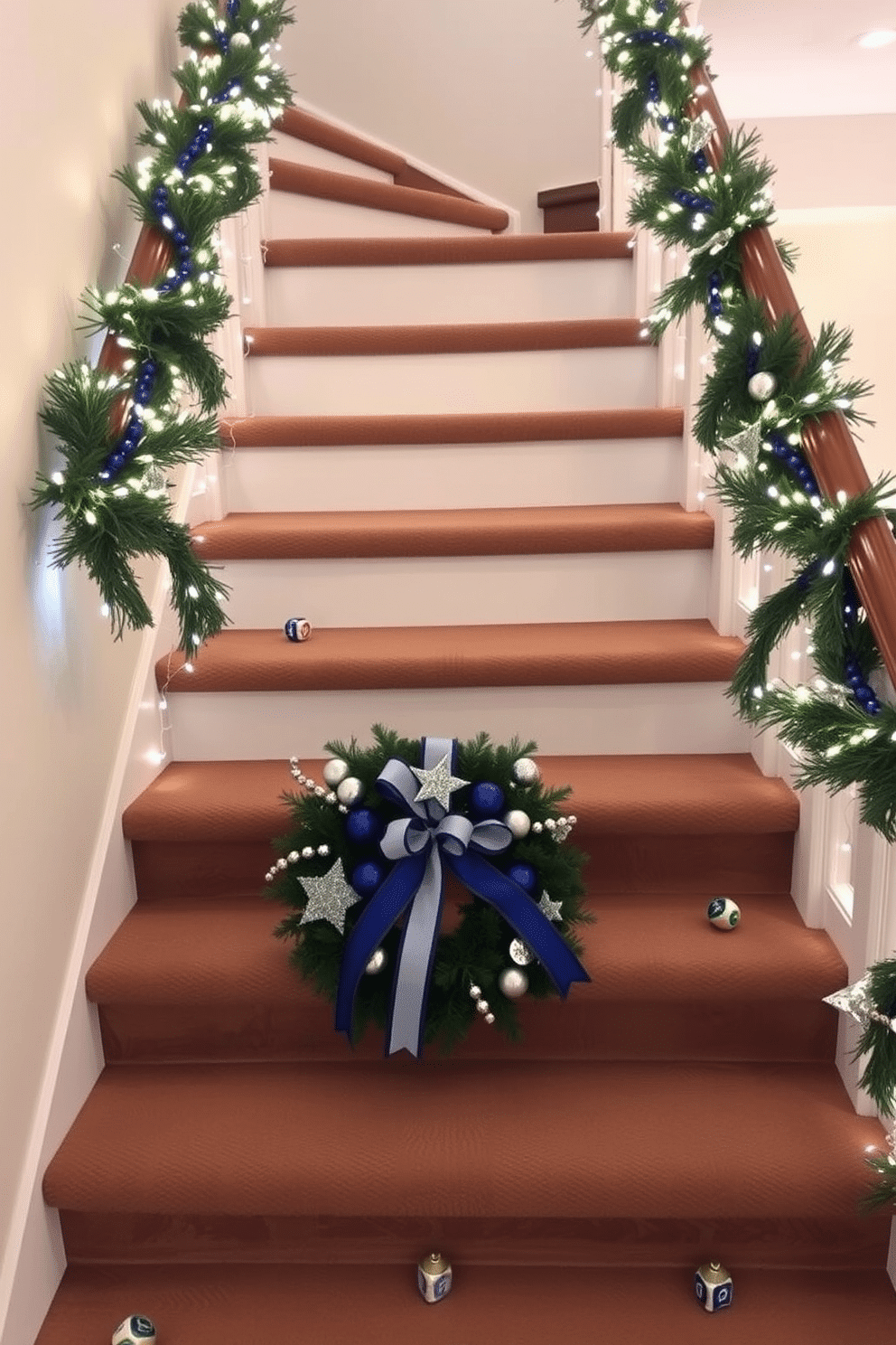 A beautifully decorated staircase for Hanukkah, featuring a festive wreath at the base adorned with blue and silver accents. The handrail is draped with shimmering garlands of lights, and small decorative dreidels are scattered along the steps for a cheerful touch.