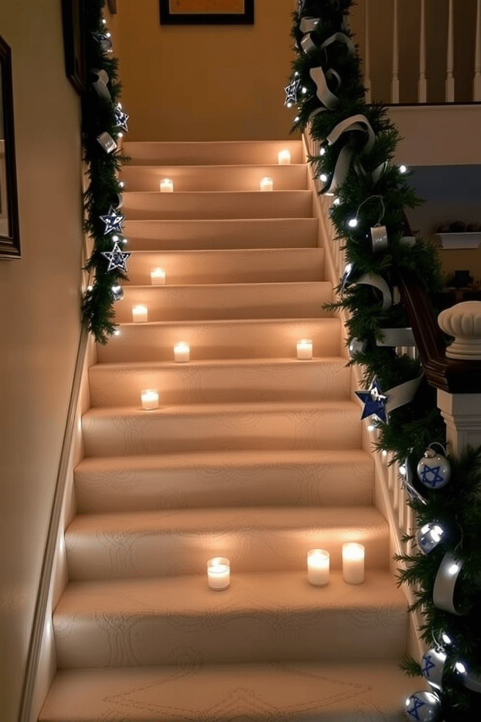 A beautifully decorated staircase for Hanukkah, adorned with elegant candles lining each step, casting a warm and inviting glow. The staircase is draped in soft, blue and silver garlands, complemented by small Star of David ornaments tucked among the greenery.