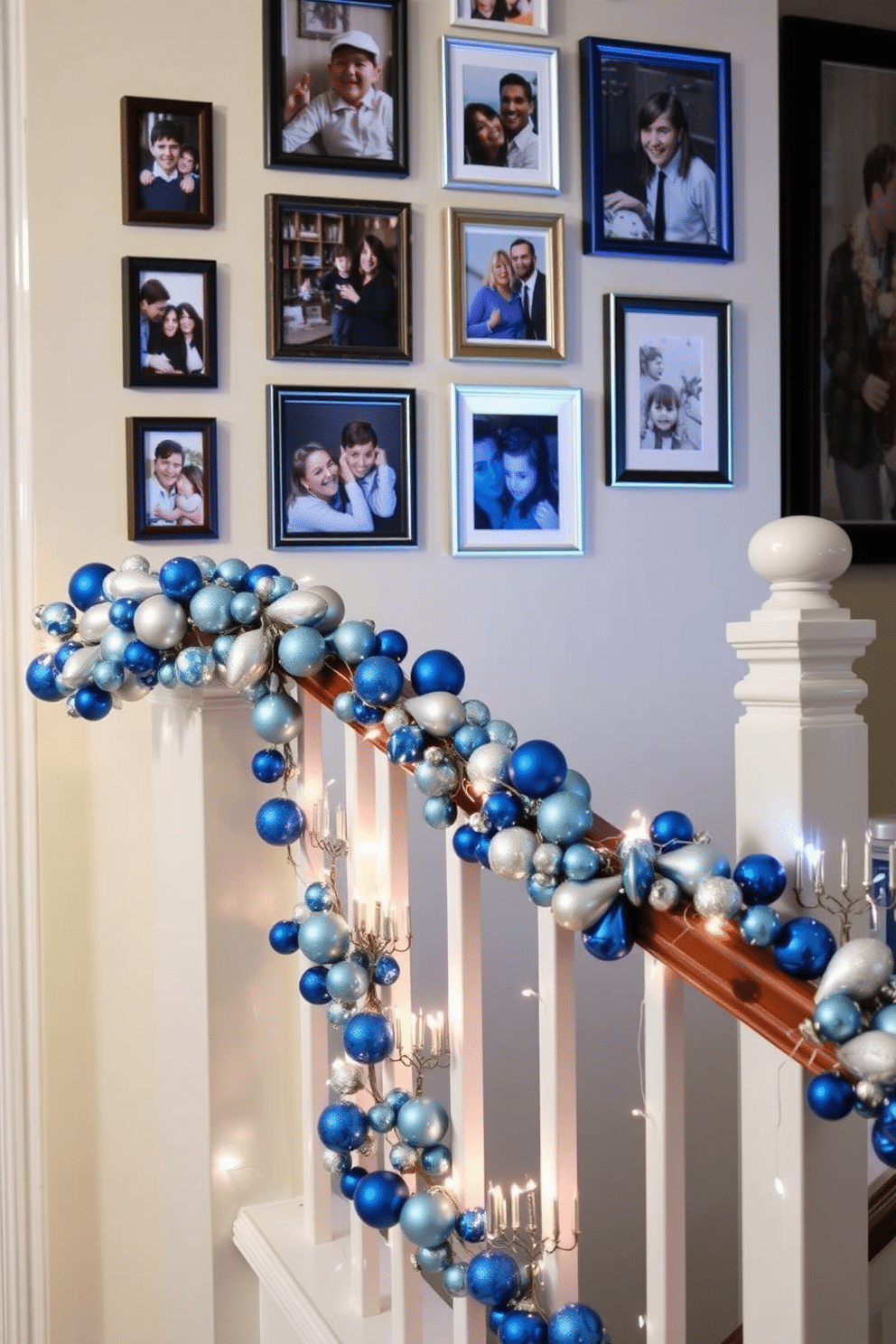 Create a photo display of past celebrations, featuring a gallery wall adorned with framed photographs capturing joyful moments. Each frame varies in size and style, showcasing a mix of colors that harmonize with the room's decor. For staircase Hanukkah decorating ideas, envision a beautifully draped garland of blue and silver ornaments cascading down the banister. Twinkling fairy lights are interspersed throughout, while small, elegant menorahs are placed on each step, adding a festive touch.