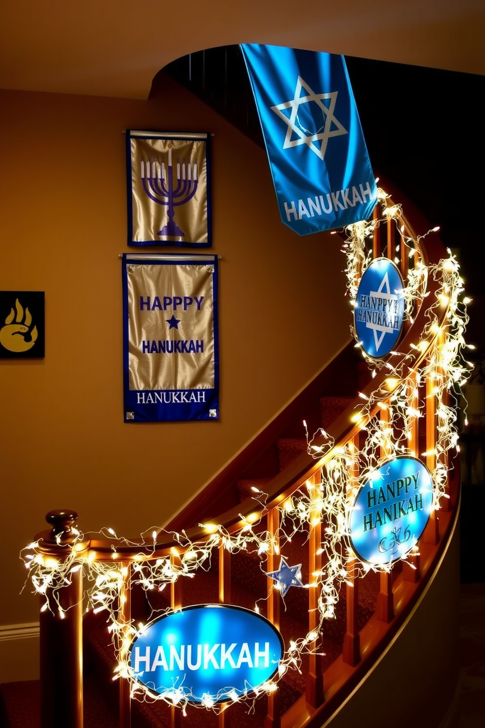 A beautifully decorated staircase adorned with Hanukkah-themed banners and signs that feature vibrant blue and silver colors. Twinkling fairy lights wrap around the banister, creating a warm and inviting atmosphere for the festive season.