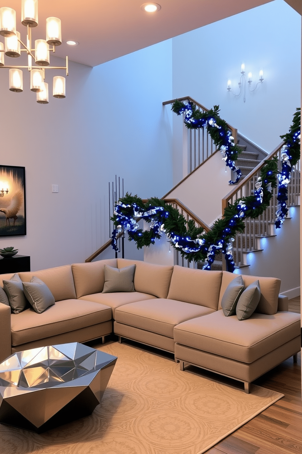 A contemporary living room featuring a sleek, L-shaped sectional sofa in a neutral fabric. Metallic accents are incorporated through a geometric coffee table and stylish light fixtures that cast a warm glow. The staircase is adorned with elegant Hanukkah decorations, including blue and silver garlands draped along the banister. Subtle LED lights illuminate the space, creating a festive atmosphere that complements the modern design.