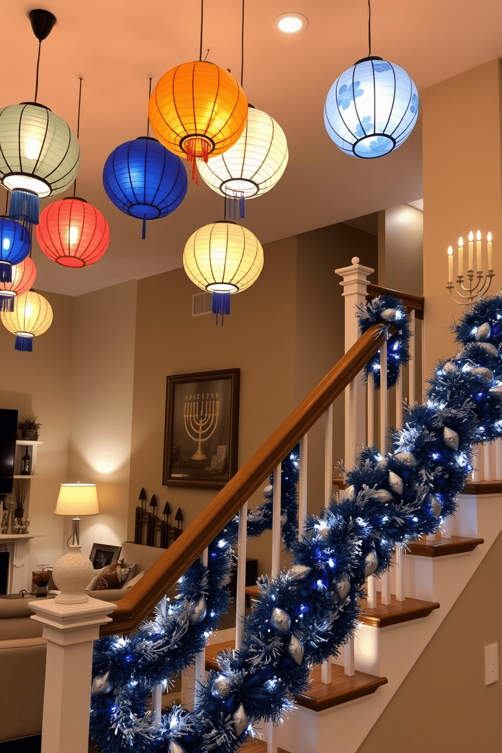 A cozy living space adorned with colorful paper lanterns hanging from the ceiling, casting a warm glow throughout the room. The lanterns are complemented by soft, ambient lighting, creating an inviting atmosphere perfect for gatherings. A beautifully decorated staircase featuring elegant Hanukkah decorations, including blue and silver garlands draped along the banister. The steps are lined with festive menorahs and decorative dreidels, enhancing the holiday spirit in the home.