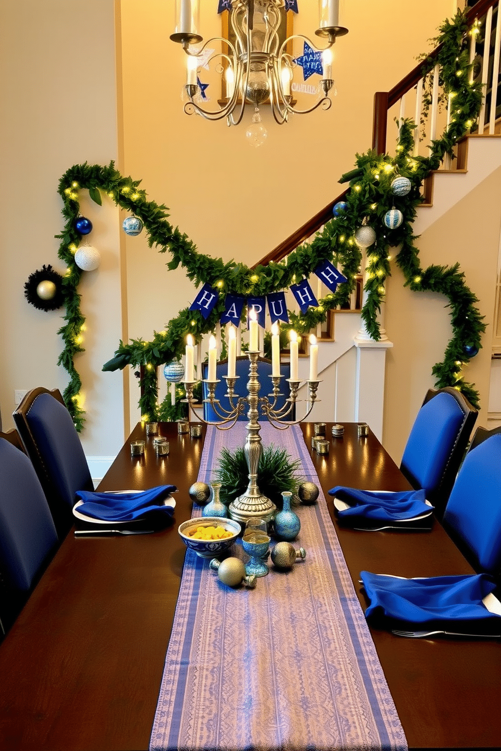 A festive dining table is elegantly set for a Hanukkah celebration, adorned with a beautiful blue and silver table runner. The table features a stunning menorah at the center, surrounded by decorative dreidels and small bowls of gelt, creating a warm and inviting atmosphere. The staircase is draped with garlands of greenery and twinkling fairy lights, enhancing the festive spirit. Decorative blue and white ornaments are hung along the banister, while festive banners proclaiming 