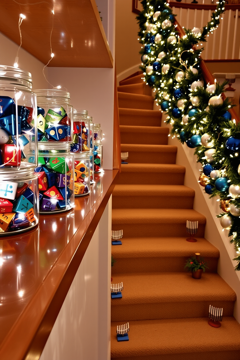 A festive display of colorful dreidels is arranged in clear glass jars, each jar filled with a mix of traditional and modern designs. The jars are placed on a wooden shelf, adorned with twinkling fairy lights that enhance the cheerful atmosphere. The staircase is beautifully decorated for Hanukkah, featuring garlands of blue and silver ornaments intertwined with strings of lights. Each step is lined with small potted menorahs, creating a warm and inviting pathway that celebrates the holiday spirit.