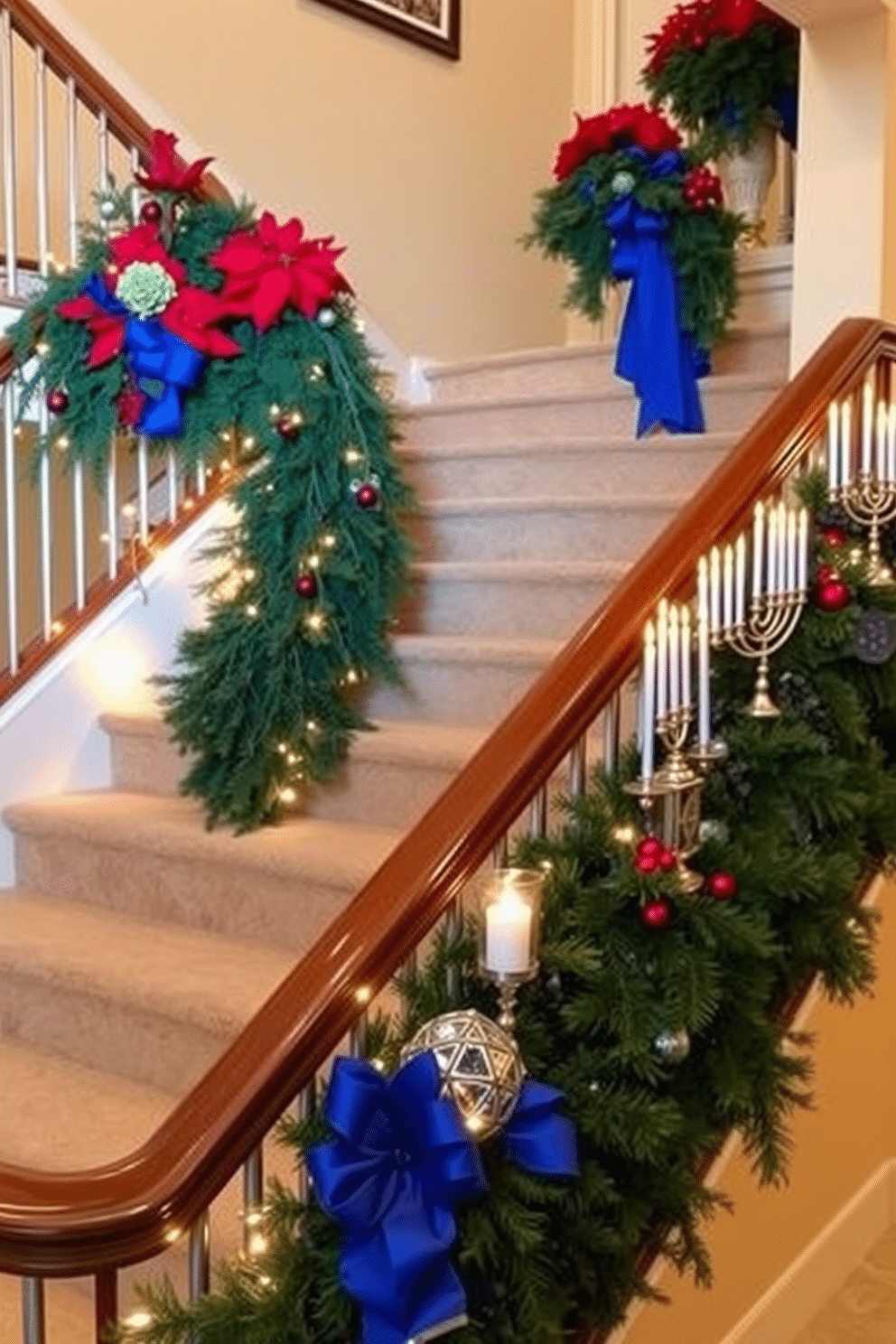 A beautiful staircase adorned with seasonal floral arrangements, featuring vibrant poinsettias and evergreen branches cascading down the steps. Warm, twinkling lights are intertwined with the greenery, creating a festive and inviting atmosphere for the holiday season. For Hanukkah, the staircase is decorated with blue and silver accents, including decorative dreidels and menorahs placed along the railing. Soft, glowing candles illuminate the space, enhancing the traditional symbols and creating a serene ambiance for celebration.