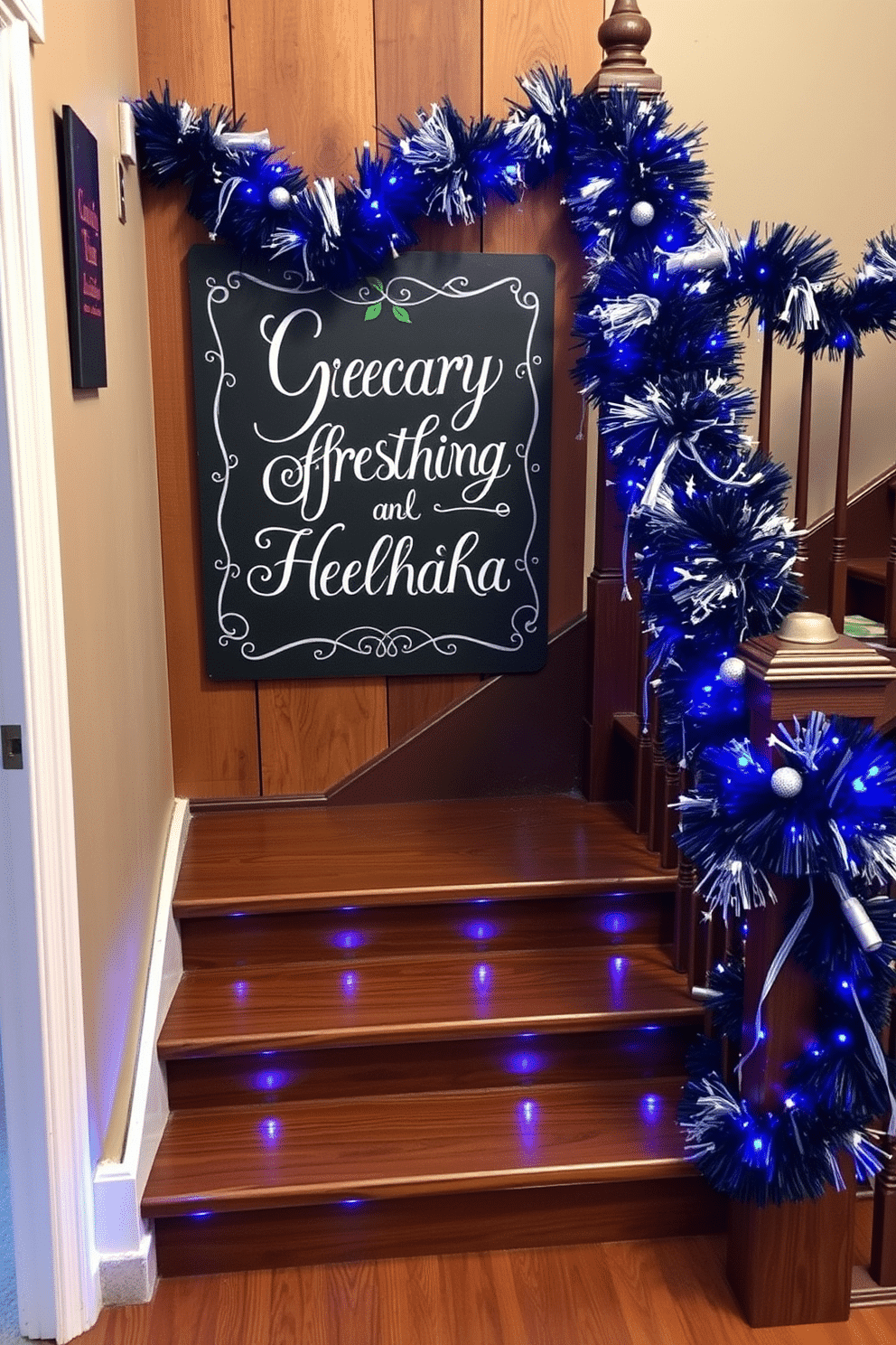 A charming chalkboard sign greets visitors with festive greetings in elegant white script, surrounded by a decorative border of holly and snowflakes. The sign is set against a rustic wooden backdrop, enhancing the warm, welcoming atmosphere of the entryway. The staircase is adorned with vibrant Hanukkah decorations, featuring blue and silver garlands draped along the banister. Each step is highlighted with small, twinkling LED lights, creating a magical pathway that leads to the celebration.