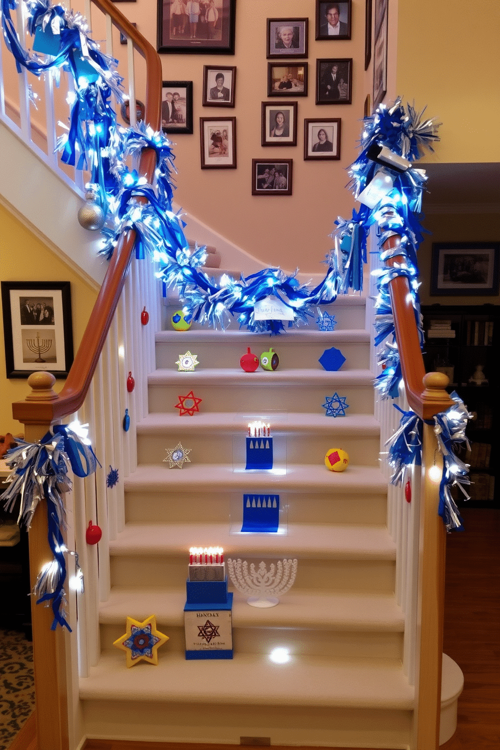 A beautifully decorated staircase for Hanukkah, adorned with handmade crafts made by family members. The banister is draped with blue and silver garlands, interspersed with twinkling fairy lights and colorful dreidels crafted by children. On each step, there are festive displays featuring handcrafted menorahs and unique ornaments that reflect the family's traditions. The walls are lined with framed family photos from past Hanukkah celebrations, creating a warm and inviting atmosphere.