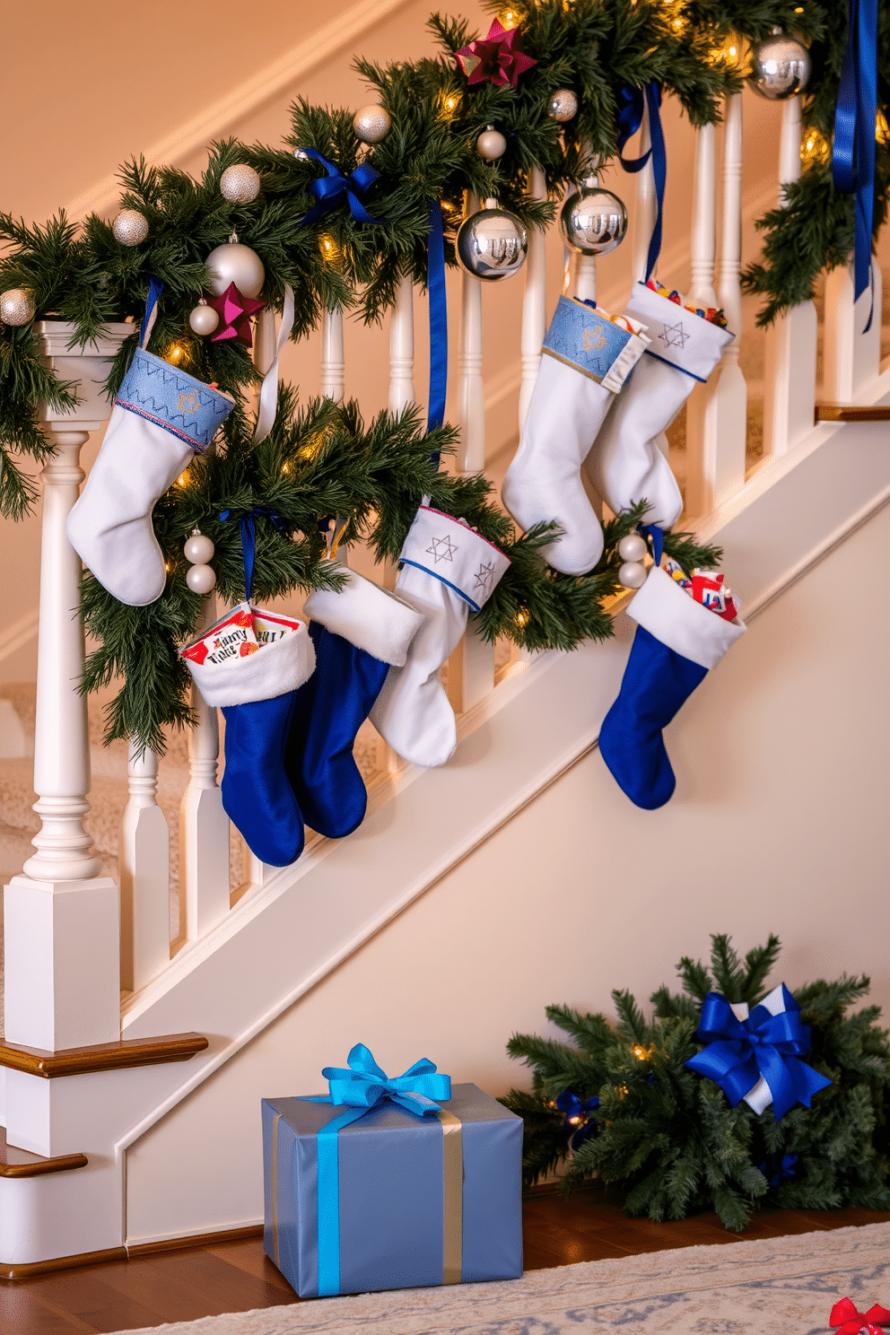 A festive staircase adorned for Hanukkah, featuring white and blue stockings hanging from the banister, each filled with colorful treats. Soft, warm lights illuminate the staircase, creating a cozy atmosphere that invites family and friends to celebrate the holiday. The staircase is draped with lush garlands of evergreen, interspersed with silver ornaments and blue ribbons. At the base, a beautifully wrapped gift box sits, adding to the festive charm and anticipation of Hanukkah celebrations.