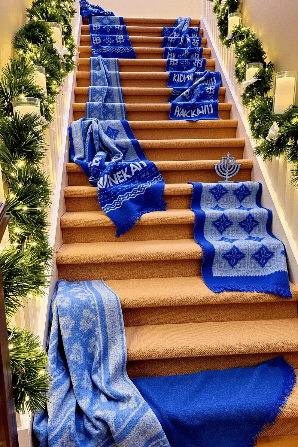 A festive staircase adorned for Hanukkah features themed throw blankets draped elegantly over each step. The blankets showcase vibrant blue and silver patterns, complemented by twinkling string lights that enhance the warm ambiance of the holiday season.