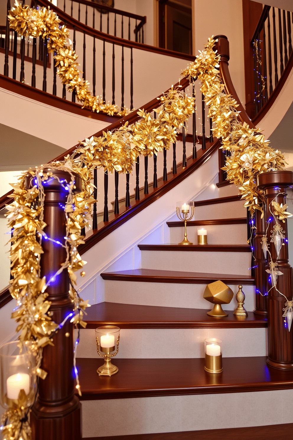 A grand staircase adorned with elegant gold décor items creates a festive atmosphere for Hanukkah. Twinkling gold accents are intertwined with strands of blue and white lights, enhancing the warmth of the wooden banister. Delicate gold menorahs and decorative dreidels are artfully placed along the staircase steps. The soft glow of candles reflects off the gold elements, adding a touch of luxury to the holiday celebrations.