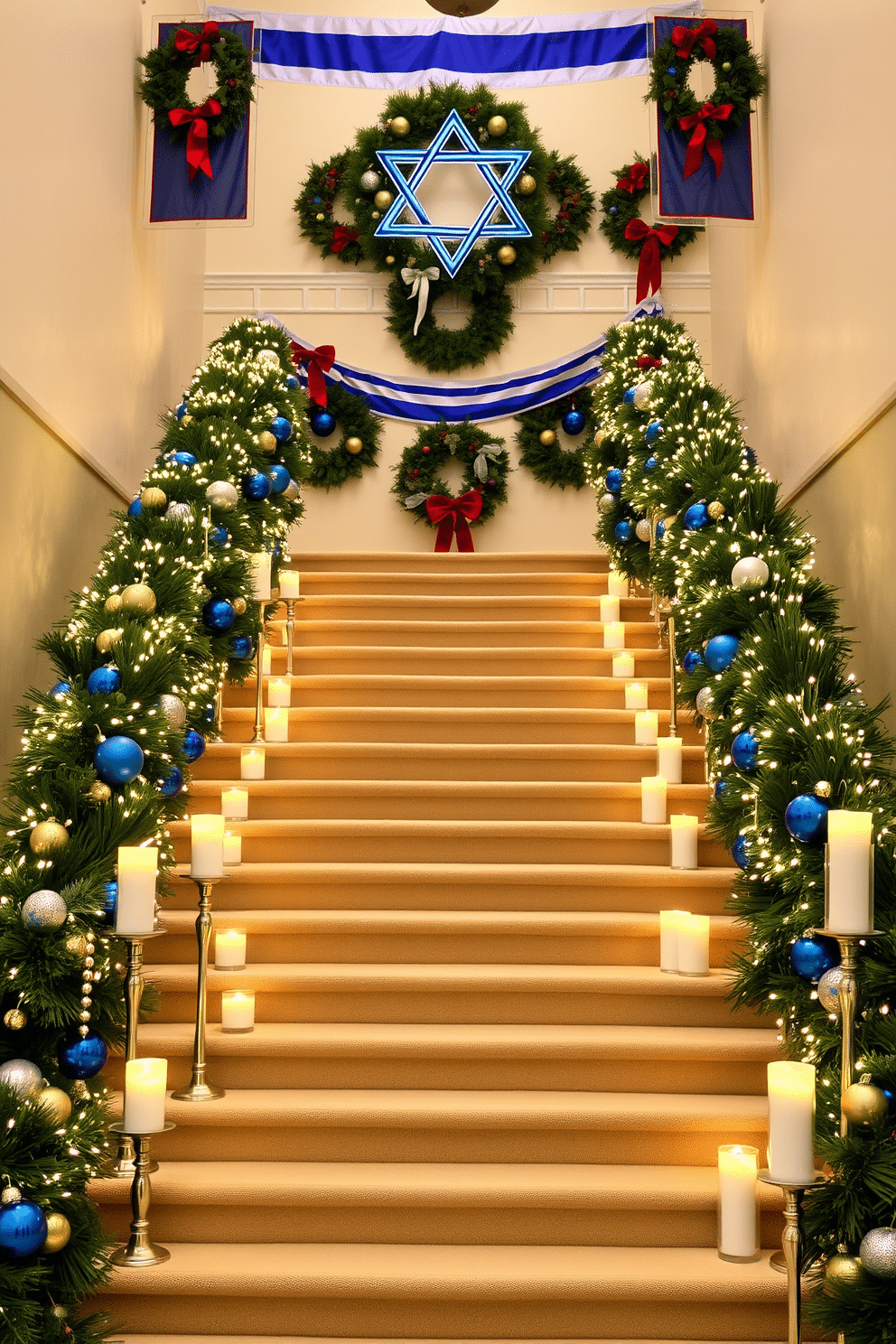 A festive backdrop for photos featuring a beautifully decorated staircase. The staircase is adorned with garlands of pine and twinkling white lights, complemented by vibrant blue and silver ornaments. Each step is lined with elegant candles in varying heights, creating a warm glow. At the top of the staircase, a large Star of David hangs, surrounded by festive banners and colorful wreaths.