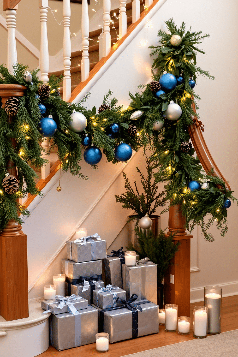 A cozy holiday staircase adorned with natural elements, featuring garlands of greenery intertwined with twinkling fairy lights. Pinecones are artfully placed along the bannister, adding a rustic touch, while festive ornaments in shades of blue and silver hang from the railing. At the base of the staircase, a collection of beautifully wrapped gifts in elegant metallic paper creates a welcoming display. A warm, inviting atmosphere is enhanced by the soft glow of candles placed strategically along the steps, creating a magical Hanukkah ambiance.