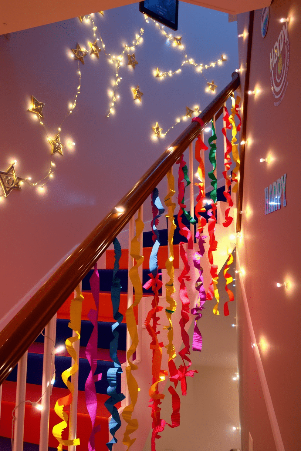 A vibrant staircase adorned with colorful paper chains cascading down the banister, creating a festive atmosphere for the holiday season. The walls are decorated with twinkling fairy lights and cheerful Hanukkah symbols, enhancing the joyful spirit of the celebration.