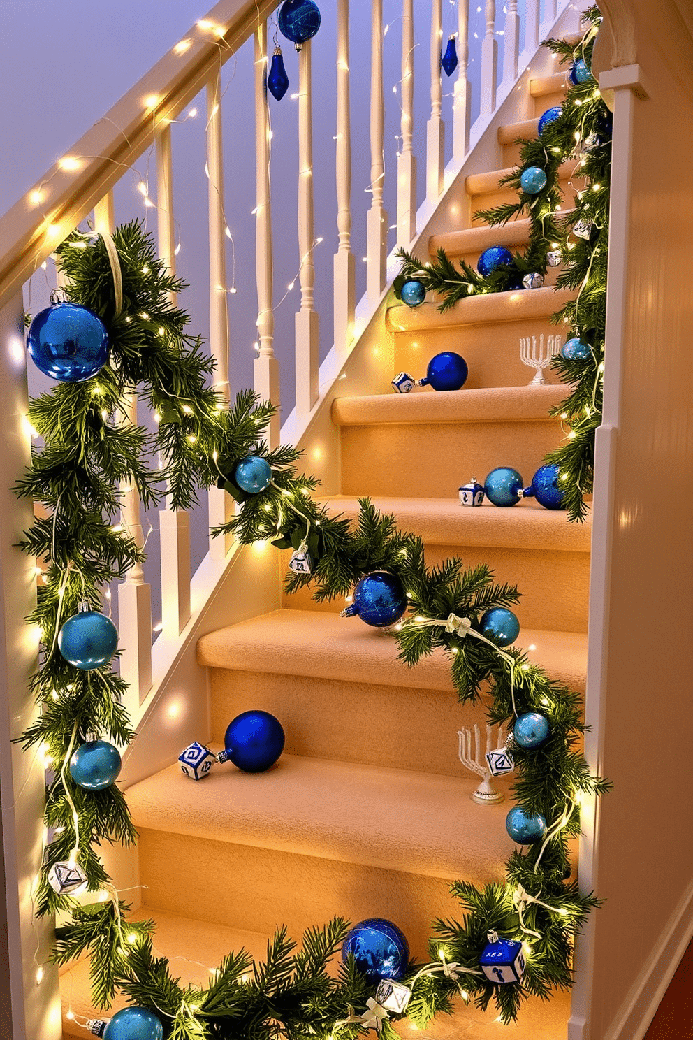 A charming staircase adorned with string lights creates a warm and festive atmosphere for Hanukkah celebrations. The lights twinkle softly along the banister, complemented by blue and silver ornaments that reflect the holiday spirit. Each step is tastefully decorated with small menorahs and clusters of dreidels, adding a playful touch to the holiday decor. Fresh greenery intertwined with the lights brings a natural element, enhancing the overall elegance of the staircase.