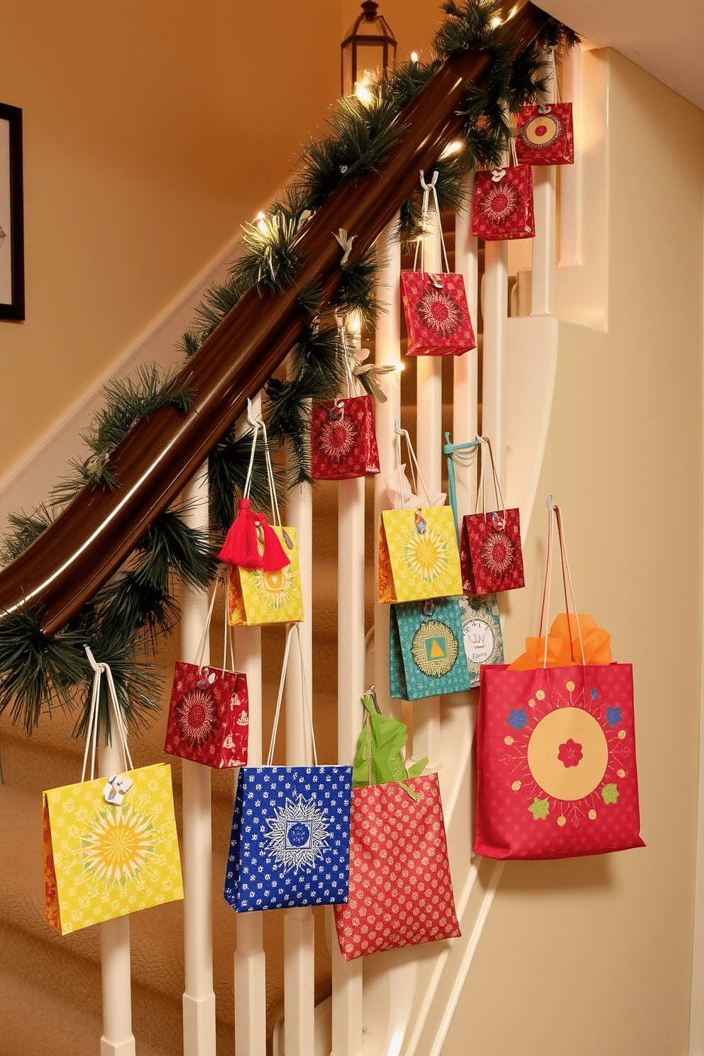 A festive staircase adorned with small gift bags hanging along the railing creates a warm and inviting atmosphere for Hanukkah celebrations. Each bag features vibrant colors and patterns, adding a touch of whimsy and joy to the decor.