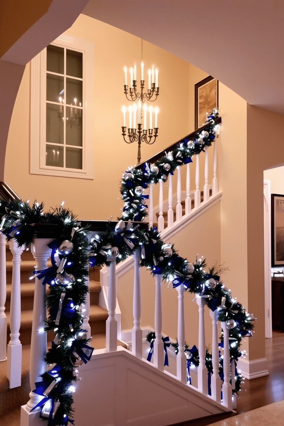 A beautifully decorated landing staircase for Hanukkah, featuring a traditional menorah as the focal point. The staircase railing is adorned with blue and silver garlands, and soft white lights illuminate the space, creating a warm and inviting atmosphere.