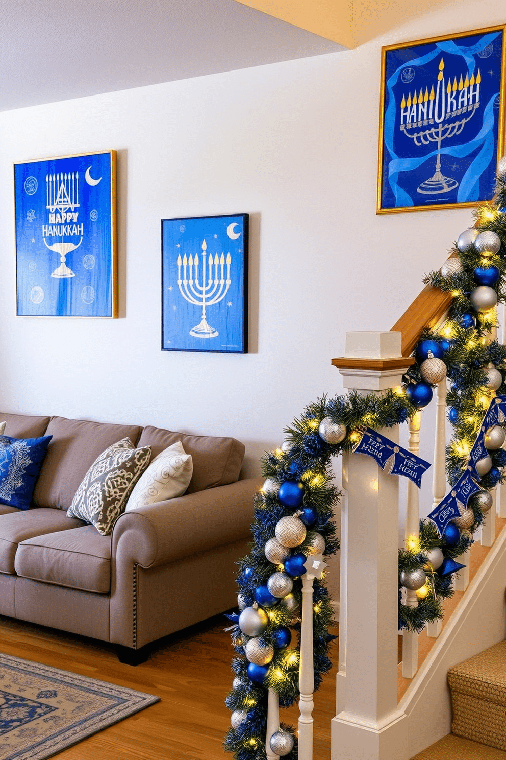 A cozy living room adorned with Hanukkah-themed artwork on the walls, showcasing vibrant blue and gold colors. The artwork features traditional symbols such as menorahs and dreidels, creating a festive atmosphere that celebrates the holiday spirit. The staircase is elegantly decorated with garlands of blue and silver ornaments, interspersed with twinkling fairy lights. Along the banister, small decorative menorahs and festive banners add a whimsical touch, enhancing the overall holiday decor.