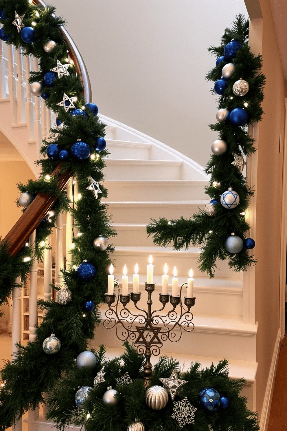 A beautifully decorated staircase adorned with Star of David accents creates a festive atmosphere for Hanukkah. The staircase features elegant garlands intertwined with blue and silver ornaments, with Star of David motifs placed strategically along the railing and steps. Soft white lights illuminate the staircase, casting a warm glow on the decorations. At the base, a decorative menorah stands proudly, surrounded by festive greenery and shimmering decorations, enhancing the holiday spirit.