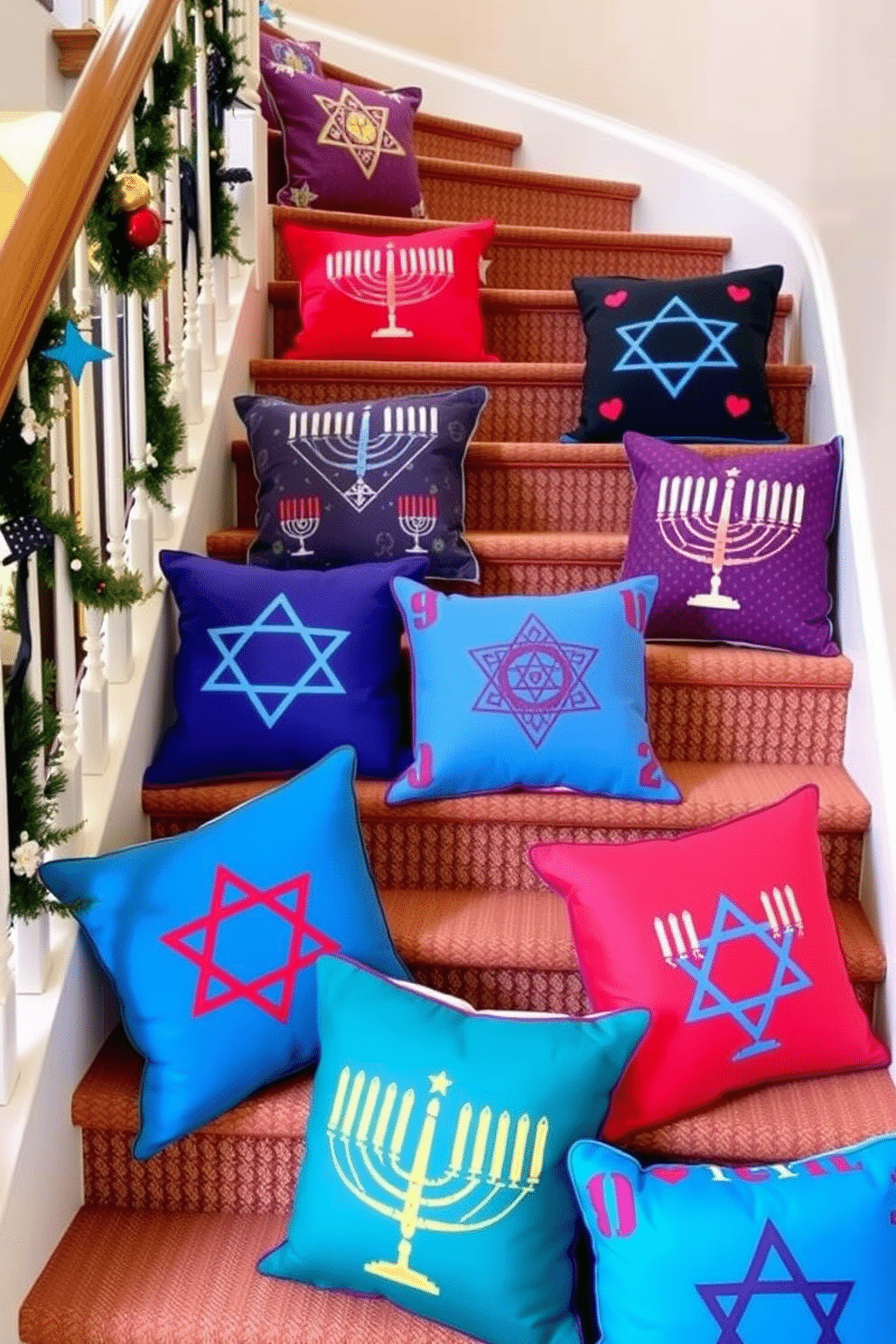 A festive staircase adorned with colorful Hanukkah pillows, each featuring vibrant patterns and symbols of the holiday. The pillows are arranged neatly on the steps, creating a warm and inviting atmosphere that celebrates the spirit of the season.