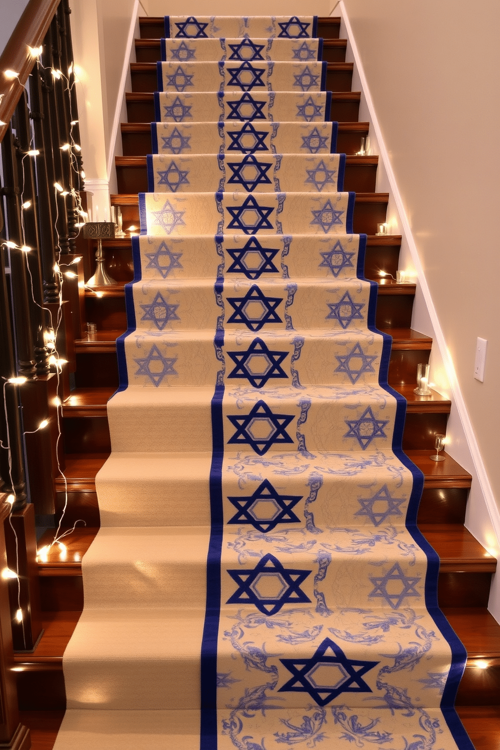 A festive staircase runner adorned with blue and silver patterns, reminiscent of the Star of David, gracefully cascades down the steps. Surrounding the runner, twinkling string lights and small decorative menorahs create a warm, inviting atmosphere for Hanukkah celebrations.