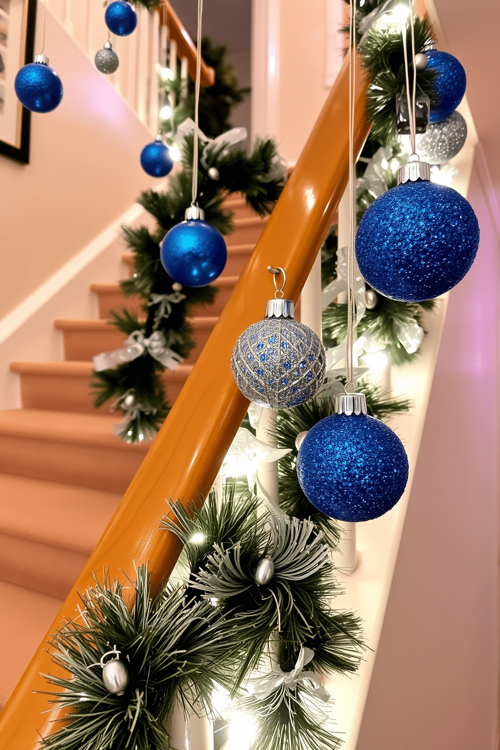 A festive staircase adorned with glittery ornaments hanging from the railings creates a warm and inviting atmosphere for Hanukkah celebrations. The ornaments, in shades of blue and silver, catch the light beautifully, enhancing the overall holiday spirit.