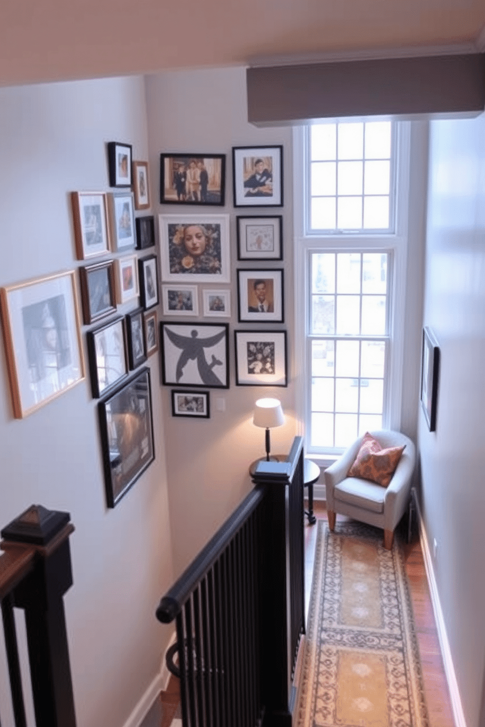 A creative wall art display area features a gallery wall showcasing an eclectic mix of framed paintings, photographs, and three-dimensional pieces. The arrangement includes varying sizes and styles, with soft lighting highlighting the artwork, creating a vibrant focal point in the room. The staircase landing design incorporates a cozy reading nook with a plush armchair and a small side table. A large window provides natural light, while a stylish runner rug adds warmth and texture to the space, enhancing the overall aesthetic.