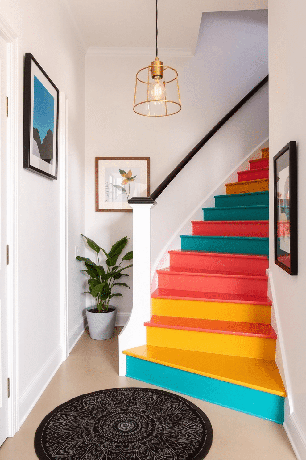 A vibrant staircase landing featuring colorful painted risers in shades of teal, coral, and mustard yellow, creating a playful and inviting atmosphere. The landing is adorned with a stylish round rug, and a small potted plant sits in the corner, adding a touch of greenery and life to the space. The walls are painted in a soft white to enhance the brightness, with framed artwork that complements the colors of the risers. A contemporary pendant light hangs above, casting a warm glow over the area and highlighting the artistic details of the staircase.