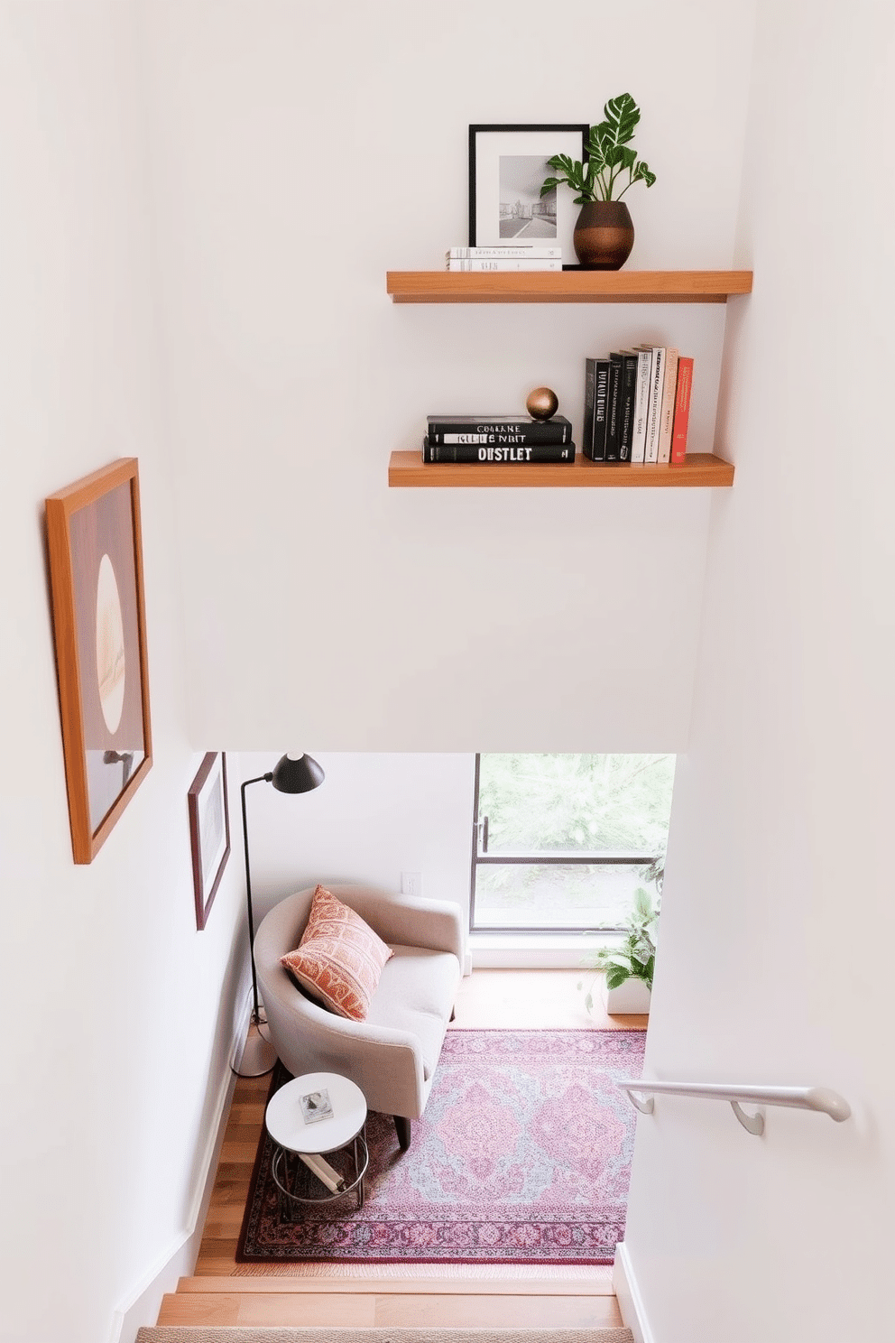 Sleek floating shelves for decor display. The shelves are made of light oak wood, elegantly mounted on a white wall, showcasing a curated collection of books, plants, and decorative objects. Staircase landing design ideas. The landing features a cozy reading nook with a plush armchair, a small side table, and a large window allowing natural light to flood the space, complemented by a stylish area rug.