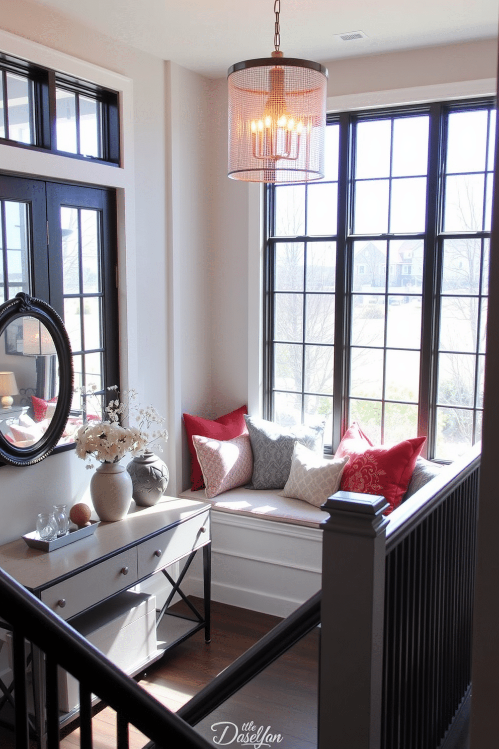 Inviting window seat with cushions. The window seat is framed by large, airy windows that let in plenty of natural light, creating a cozy nook filled with plush, colorful cushions. Staircase landing design ideas. The landing features a stylish console table adorned with decorative items, while a statement light fixture hangs above, illuminating the space with a warm glow.