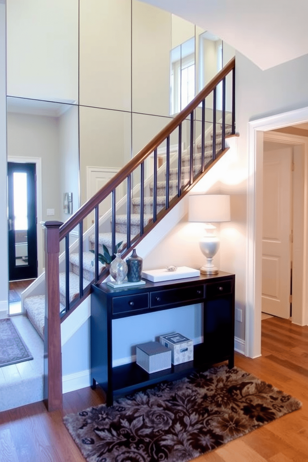 A staircase landing designed with a mirrored wall creates an illusion of space and enhances light reflection, making the area feel brighter and more open. The landing features a stylish console table adorned with decorative elements, and a plush area rug adds warmth and comfort underfoot.