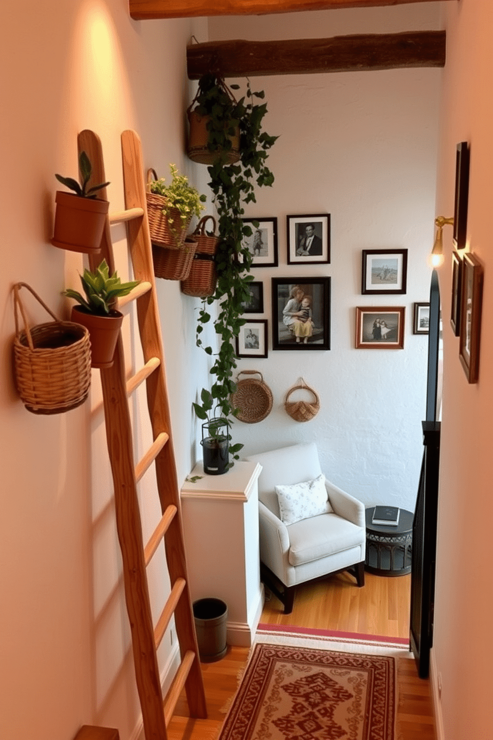 A rustic wooden ladder leans against a whitewashed wall, adorned with potted plants and woven baskets. Soft, ambient lighting highlights the natural textures, creating a warm and inviting atmosphere. The staircase landing features a cozy nook with a plush armchair and a small side table. A gallery wall of framed artwork and family photos adds a personal touch, while a patterned runner guides the eye down the steps.