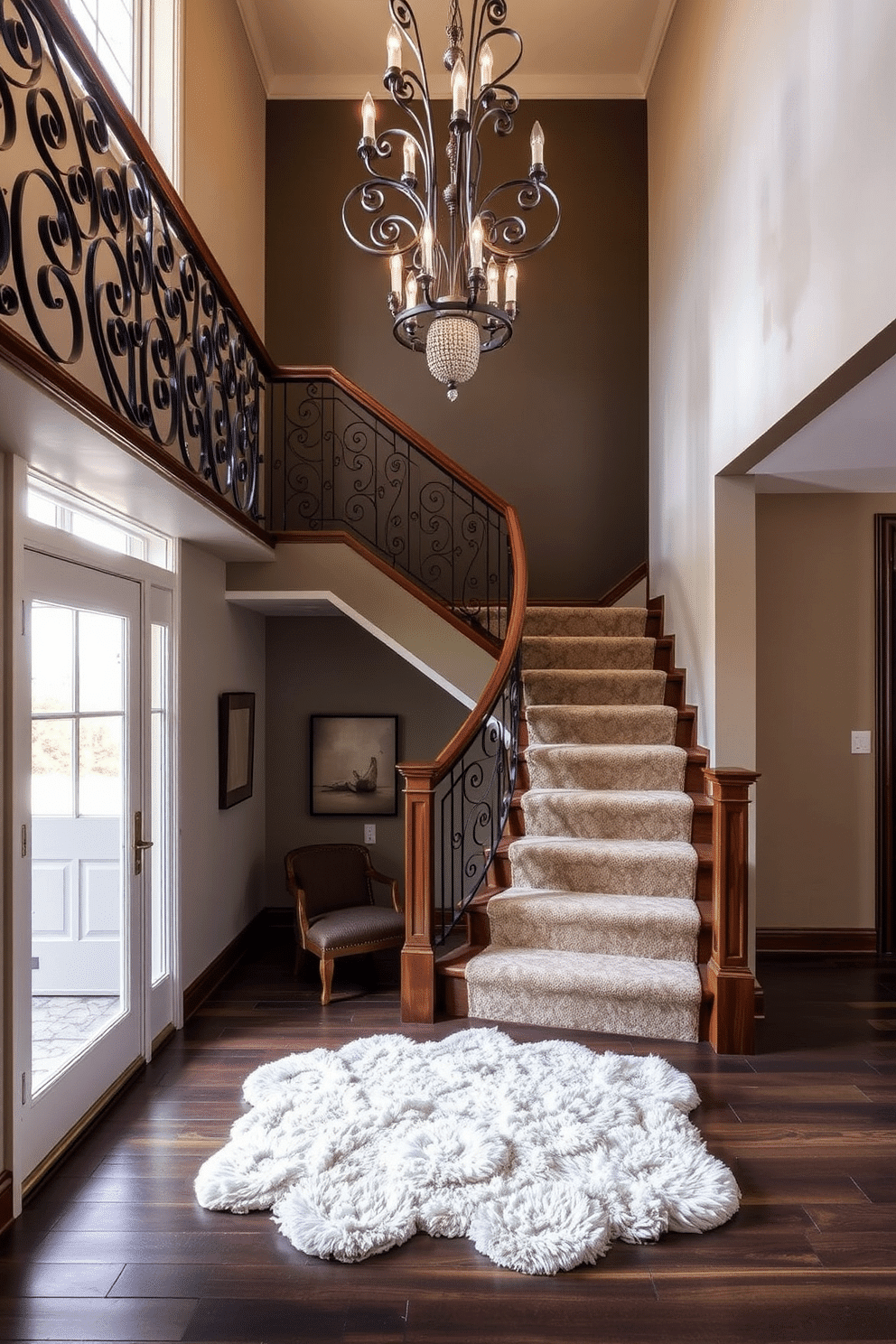 Artistic staircase railing for uniqueness. The railing features intricate metalwork with swirling patterns, complemented by a rich wooden banister that adds warmth and elegance. Staircase landing design ideas. The landing is adorned with a plush area rug, and a statement chandelier hangs above, creating a welcoming focal point that enhances the overall aesthetic of the space.