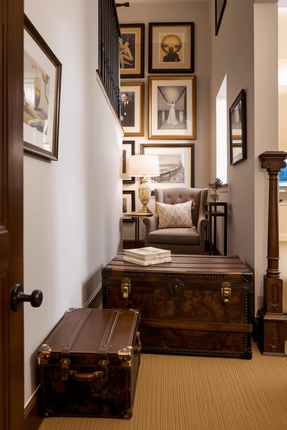 A vintage trunk sits elegantly in the corner, serving as both a stylish storage solution and a decorative piece. The trunk, adorned with intricate brass hardware, complements the surrounding decor with its rich, weathered leather finish. The staircase landing features a cozy reading nook, complete with a plush armchair and a small side table. Soft, ambient lighting illuminates the space, highlighting a collection of framed artwork that adds character and warmth to the area.