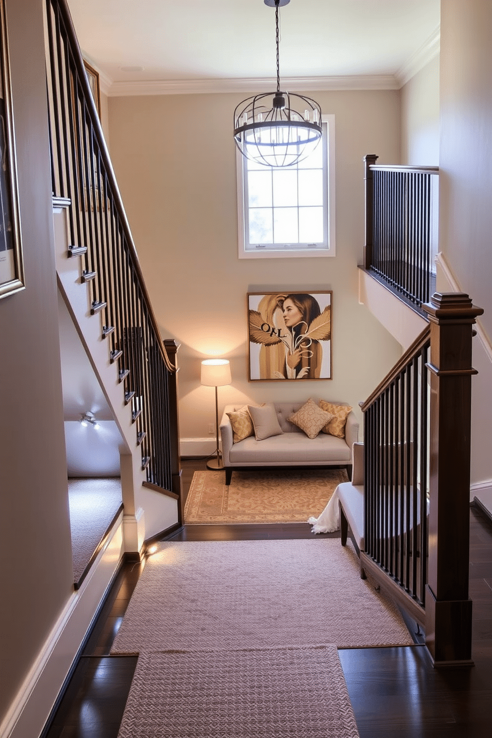 A beautifully illuminated staircase features sleek, modern railings and strategically placed LED lights along the steps for both safety and ambiance. The walls are adorned with elegant artwork, and a soft runner carpet adds warmth and texture to the space. At the staircase landing, a cozy seating area invites relaxation, with a stylish bench and decorative pillows. Natural light pours in from a nearby window, highlighting a statement piece of art that serves as a focal point in the design.