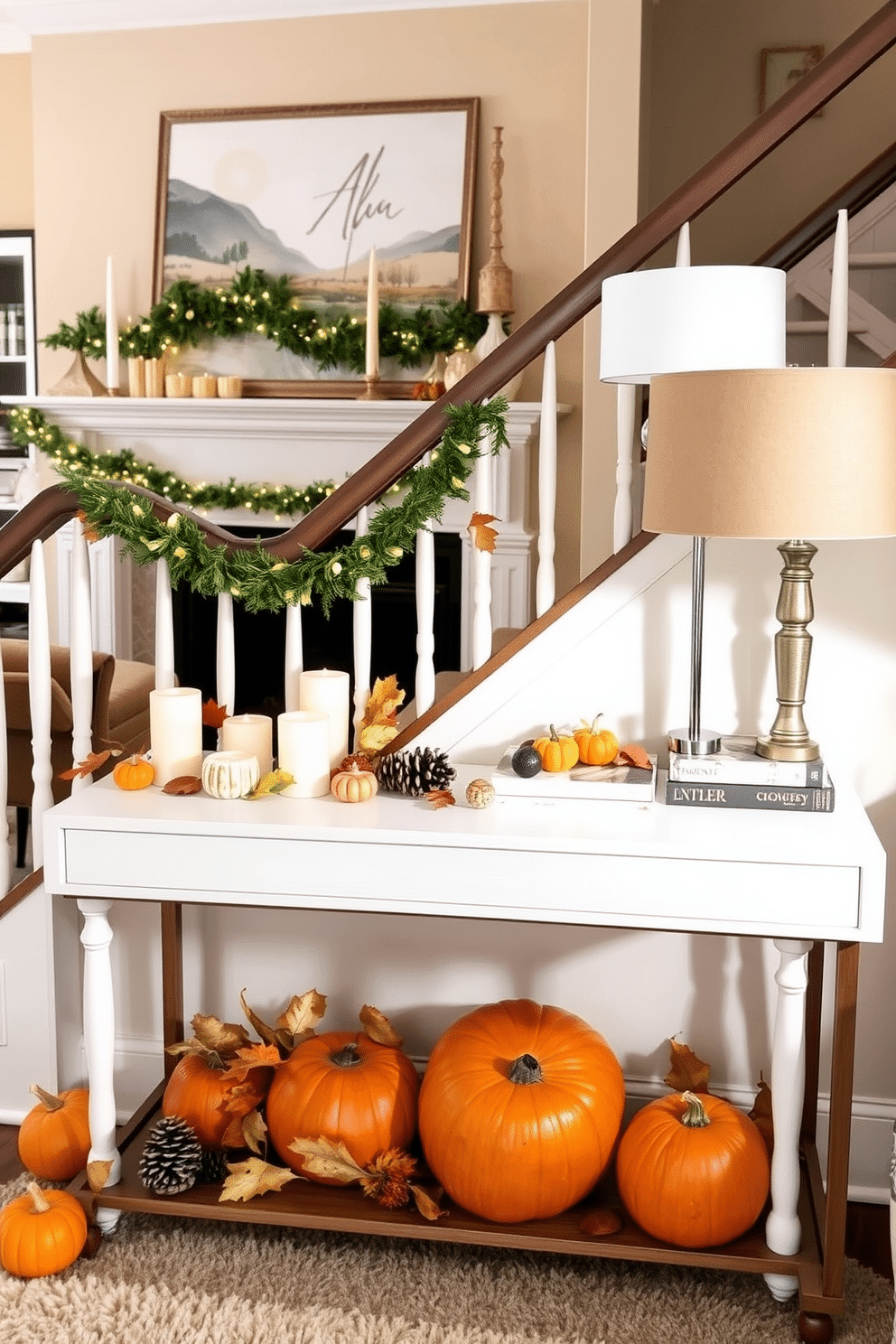 A seasonal decor display featuring a beautifully arranged table adorned with autumn leaves, small pumpkins, and candles in varying heights. The backdrop consists of a cozy living room with a warm color palette, where a garland of pinecones and fairy lights drapes elegantly along the mantelpiece. For the staircase landing design, envision a bright and airy space that showcases a modern console table topped with a stylish lamp and a curated collection of books. A large piece of artwork hangs above the table, and a plush area rug adds warmth underfoot, creating an inviting transition between levels.