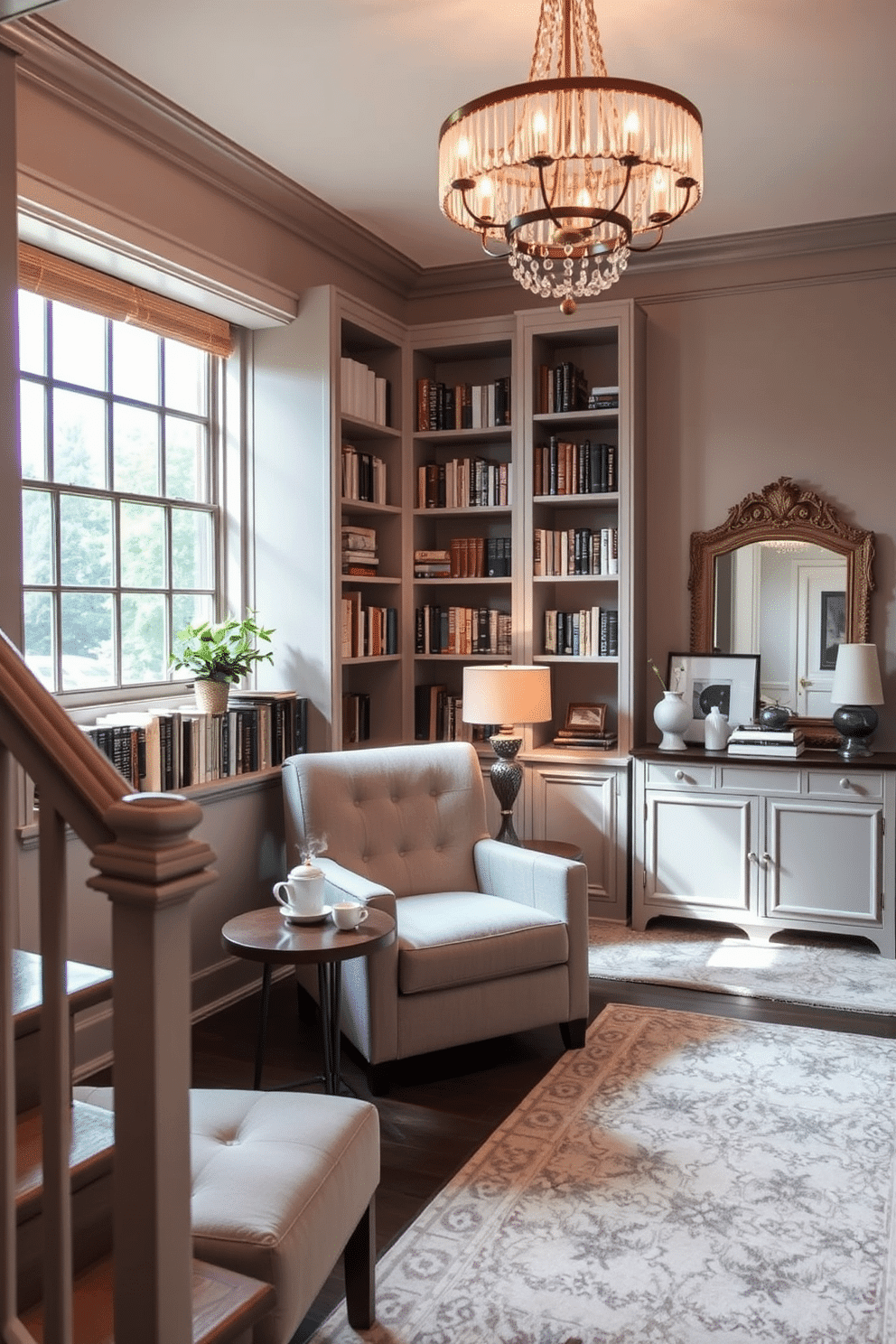 Cozy reading nook with bookshelves. A plush armchair in a soft, neutral fabric is positioned next to a large window, allowing natural light to flood the space. Surrounding the nook, built-in bookshelves filled with a variety of books create a warm and inviting atmosphere. A small side table holds a steaming cup of tea and a decorative lamp, enhancing the cozy feel. Staircase landing design ideas. The landing features a statement chandelier that adds elegance and drama to the space. A console table adorned with decorative objects and a large mirror reflects light, while a soft area rug anchors the area, creating a welcoming transition between floors.