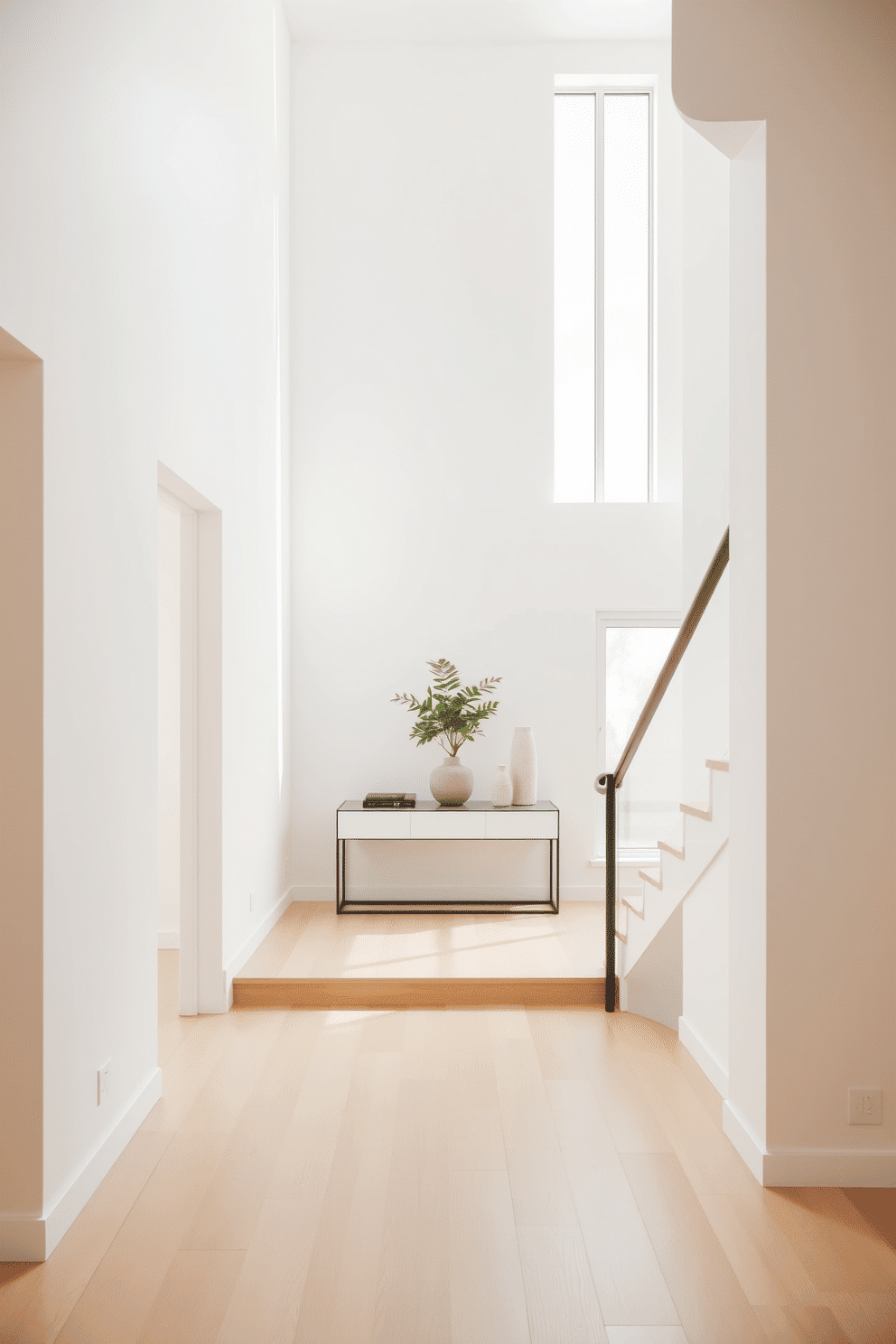 A minimalist staircase landing features sleek, clean lines and an open, airy feel. The walls are painted in a soft white, while the flooring consists of smooth, light wood that enhances the spaciousness. At the center of the landing, a simple, modern console table showcases a few carefully selected decorative items. Large windows allow natural light to flood the space, illuminating a single potted plant that adds a touch of greenery.