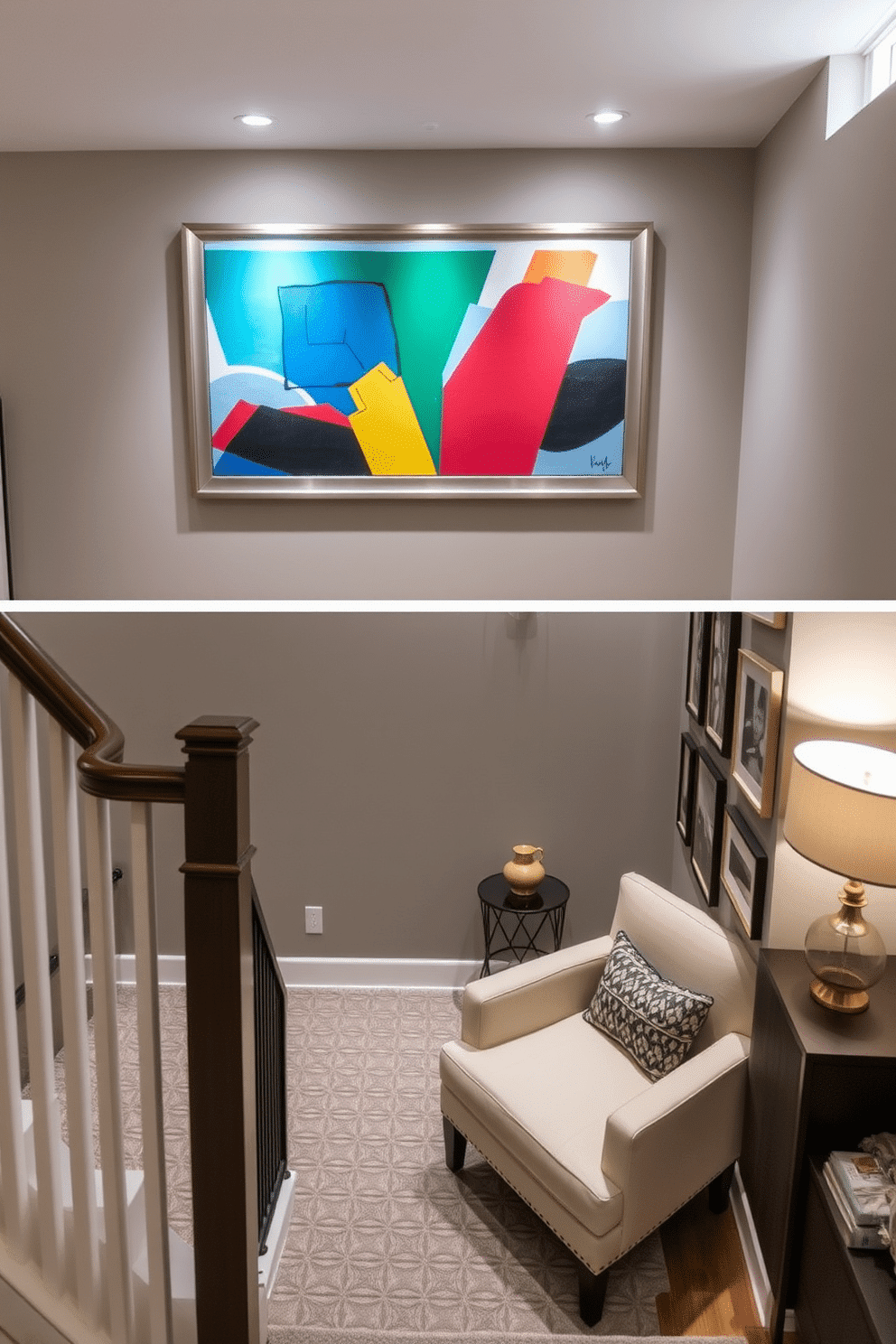 A striking custom artwork installation that serves as a focal point in a modern living space. The artwork features vibrant colors and abstract shapes, framed with a sleek metallic border, and is illuminated by strategically placed spotlights. An inviting staircase landing designed with a blend of functionality and aesthetics. The space includes a cozy reading nook with a plush armchair, a small side table, and a gallery wall showcasing family photos and art pieces that reflect personal style.