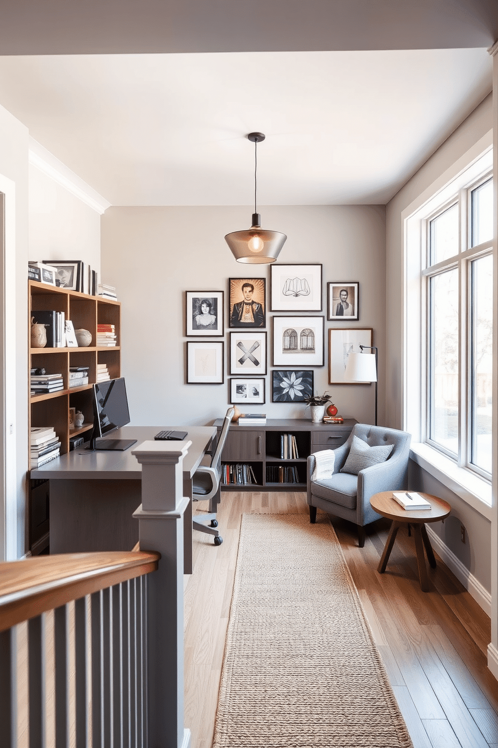 A functional home office space features a sleek, minimalist desk positioned against a large window, allowing natural light to flood the room. The desk is paired with an ergonomic chair, and shelves filled with books and decorative items create an organized yet inviting atmosphere. The staircase landing design showcases a cozy reading nook with a plush armchair and a small side table, illuminated by a stylish pendant light. A gallery wall adorned with framed artwork adds a personal touch, while a woven runner rug brings warmth and texture to the space.