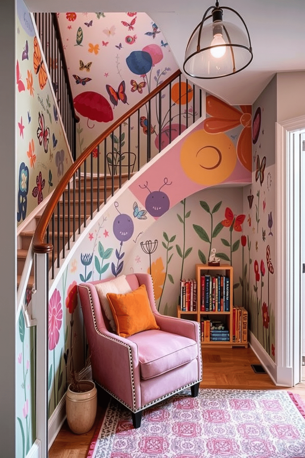 A whimsical staircase mural filled with vibrant colors and playful patterns, featuring elements like butterflies, flowers, and abstract shapes that inspire creativity. The mural wraps around the staircase, creating a joyful atmosphere that transforms the space into an imaginative journey. For the staircase landing design, incorporate a cozy reading nook with a plush armchair and a small bookshelf filled with colorful books. Soft lighting from a stylish pendant fixture above enhances the inviting ambiance, while a patterned rug adds warmth and texture to the landing area.