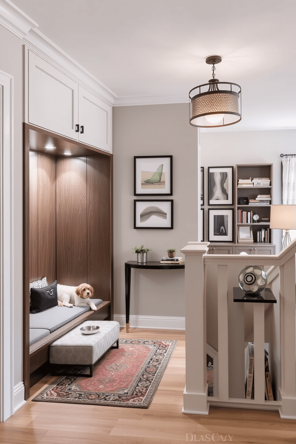 Integrated pet area with stylish design. This space features a chic pet nook with a built-in dog bed, surrounded by custom cabinetry that blends seamlessly with the living room decor. Soft lighting highlights a decorative pet feeding station, while a stylish rug adds comfort and warmth to the area. Staircase landing design ideas. The landing showcases a stunning gallery wall adorned with framed art pieces, complemented by a sleek console table beneath. A statement light fixture hangs above, creating an inviting atmosphere, while a cozy reading nook with a comfortable chair and bookshelf invites relaxation.