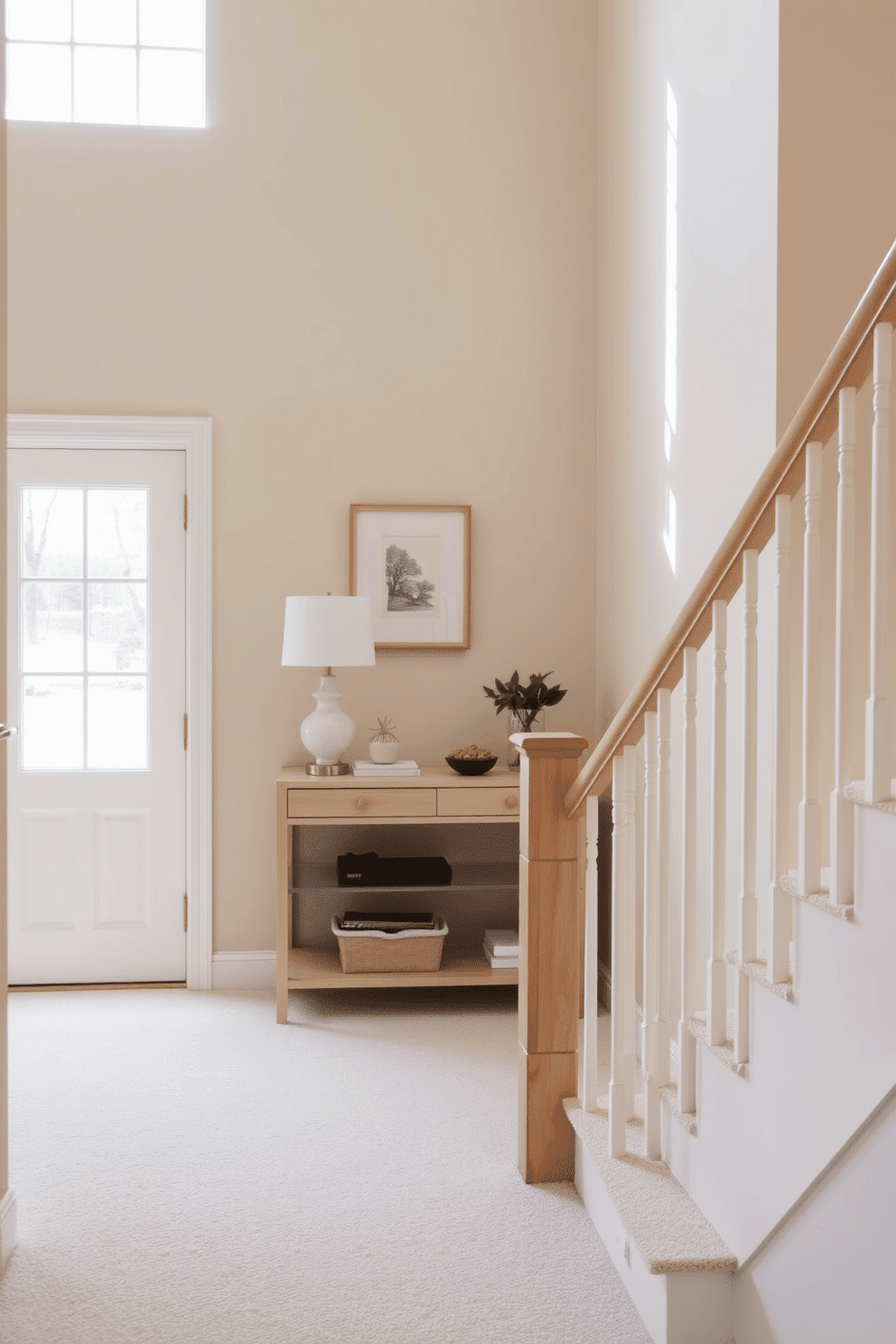 A serene staircase landing featuring a neutral color palette that promotes a calming effect. The walls are painted in soft beige, complemented by a plush cream carpet that enhances the warmth of the space. At the landing, a stylish console table in light wood is adorned with a few decorative items, including a small potted plant and an elegant lamp. Natural light floods the area through a large window, highlighting the simplicity and tranquility of the design.