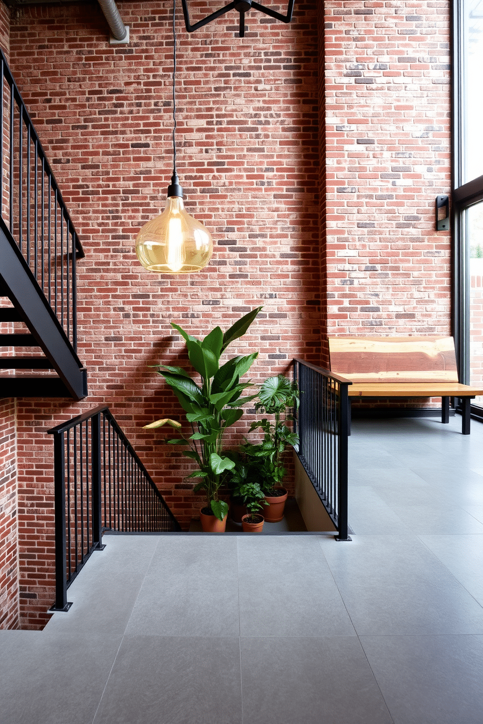 A striking staircase landing featuring industrial-style elements. Exposed brick walls provide a raw backdrop, complemented by a sleek metal railing and a reclaimed wood bench against the wall. The floor is adorned with large concrete tiles that enhance the modern aesthetic. A statement pendant light hangs from the ceiling, casting warm light over a collection of potted plants in the corner.