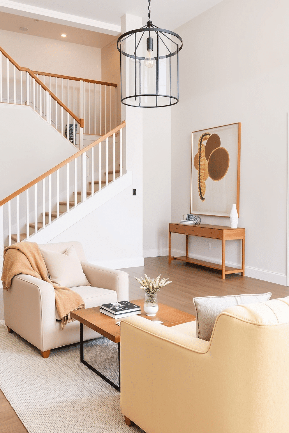 A cozy seating arrangement featuring plush, oversized armchairs in soft pastel hues, paired with a minimalist coffee table made of natural wood. A warm throw blanket drapes over one chair, and a small bookshelf filled with curated books and decorative items adds a personal touch. A bright and airy staircase landing designed with a contemporary flair, showcasing a sleek console table adorned with a statement vase. A large piece of abstract art hangs on the wall, while a stylish pendant light fixture illuminates the space, creating an inviting atmosphere.