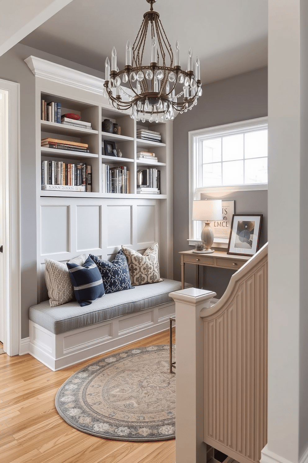 A stylish built-in bench seating option features a sleek, upholstered cushion in a soft gray fabric, complemented by decorative throw pillows in varying textures and patterns. The surrounding wall is adorned with custom shelving, displaying an array of books and curated decor, while a large window allows natural light to flood the space. For the staircase landing design, envision an elegant space that combines functionality and aesthetics. A round, patterned rug anchors the area beneath a statement chandelier, while a small console table against the wall showcases a collection of framed art and a stylish lamp.